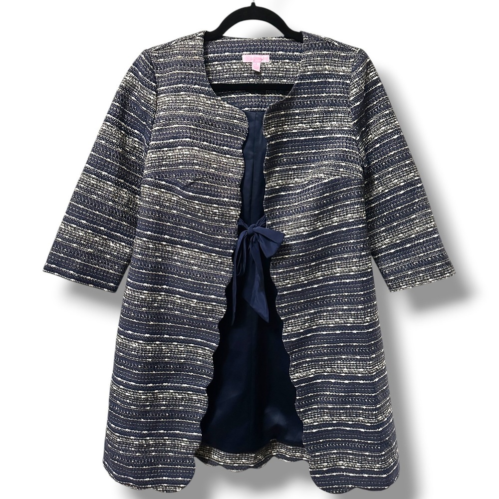 Lilly Pulitzer Harris Coat Navy Gold Metallic Tweed Scalloped Coat Silk Tie S